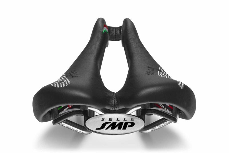 Selle SMP Glider Saddle rear view showing raised tail, white stitched logos, and full‑length relief channel.