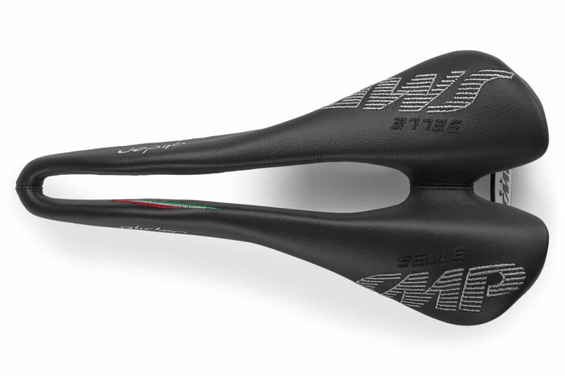 Selle SMP Glider Saddle top view with central ergonomic cutout, white stitched logos, and curved shape, tip facing left.