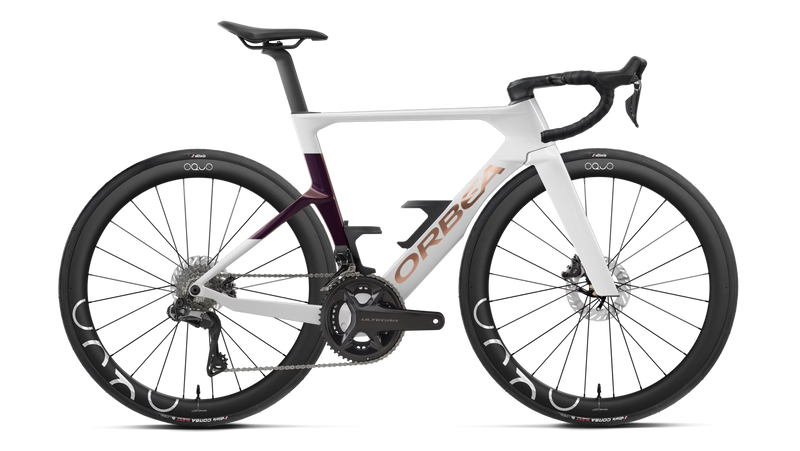 A high-end performance road bicycle with a white and dark purple carbon fiber frame, black drop handlebars, and black wheels, shown from a side profile on a white background.