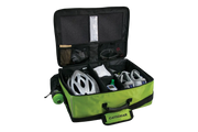 An open CAT5GEAR bicycle BAG with a lime green exterior, black interior lining, and various CYCLING items organized inside, including a white bicycle helmet, a green bottle, shoes, gloves, shown on a white background.