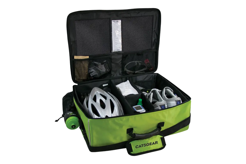An open CAT5GEAR bicycle BAG with a lime green exterior, black interior lining, and various CYCLING items organized inside, including a white bicycle helmet, a green bottle, shoes, gloves, shown on a white background.