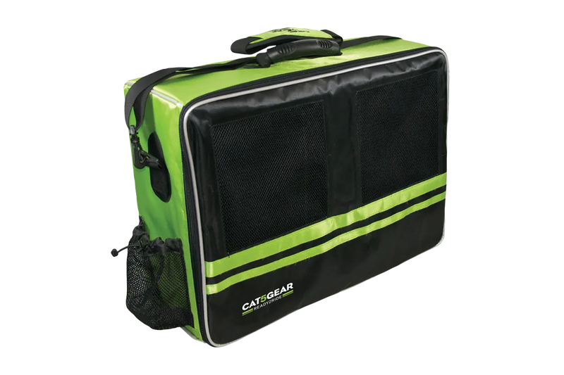 A Cat5Gear rugged transport bag with a neon green exterior, featuring two front mesh windows and a top handle, shown on a plain white background.