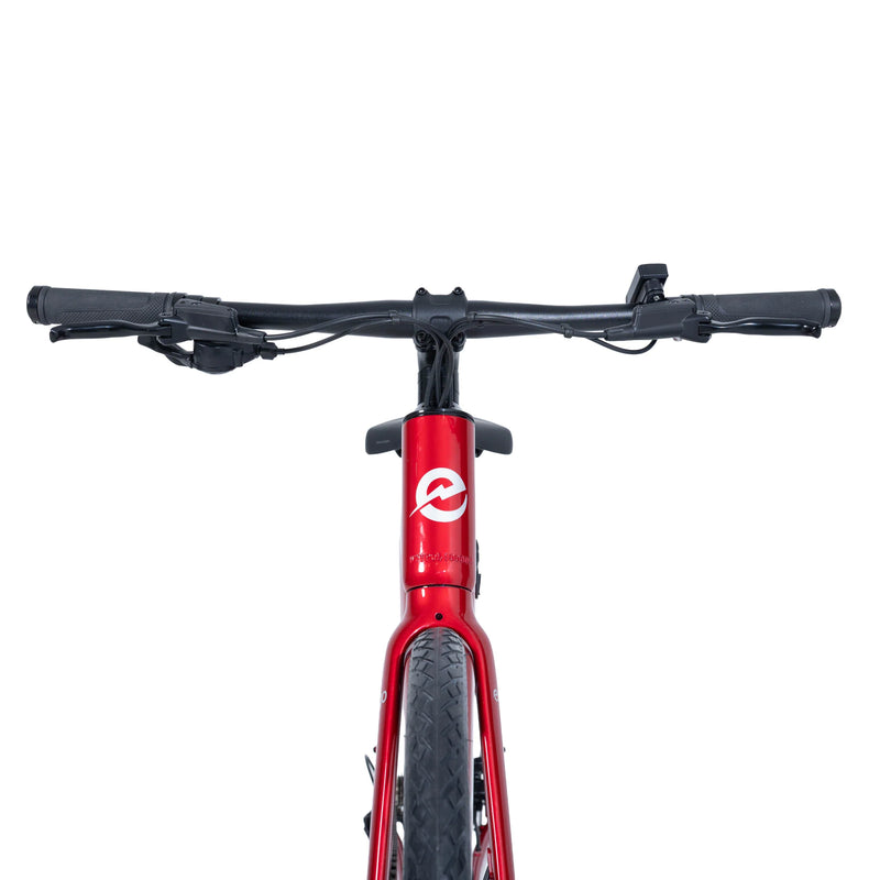 Close-up of the red Ebgo Modal Sport TB handlebar and front frame, showing the Ebgo logo on the head tube.