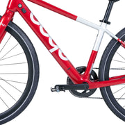 Close-up of the non-drive-side crank and pedal on the red Ebgo Modal Sport TB electric bike.