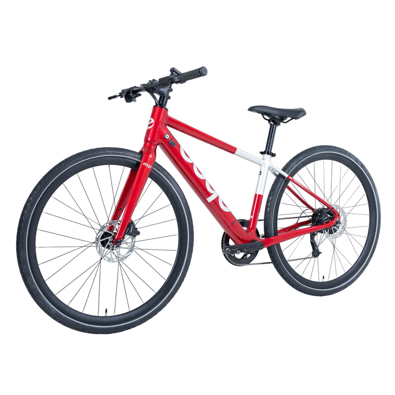 Three-quarter view of the red Ebgo Modal Sport TB electric bike with the handlebar facing left.