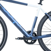 Close-up of the non-drive-side crank and pedal on the blue Ebgo Modal Sport TB electric bike.