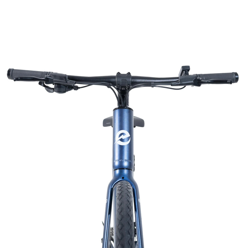 Close-up of the blue Ebgo Modal Sport TB handlebar and front frame, showing the Ebgo logo on the head tube.