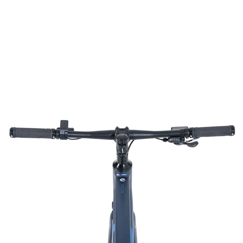 Close-up of the blue Ebgo Modal Sport TB handlebar and top tube, showing the Modal name on the frame.