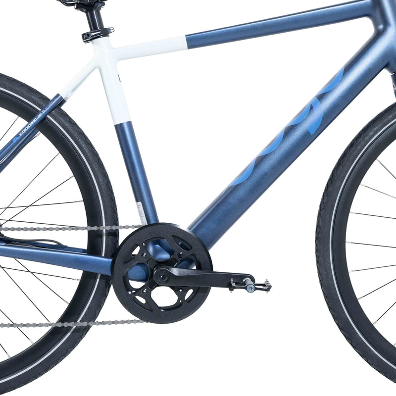 Detailed close-up of the drive-side crank, chain and drivetrain on the blue Ebgo Modal Sport TB electric bike.