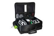 An open CAT5GEAR bicycle BAG with a black exterior, black interior lining, and various CYCLING items organized inside, including a white bicycle helmet, a green bottle, shoes, gloves, shown on a white background.