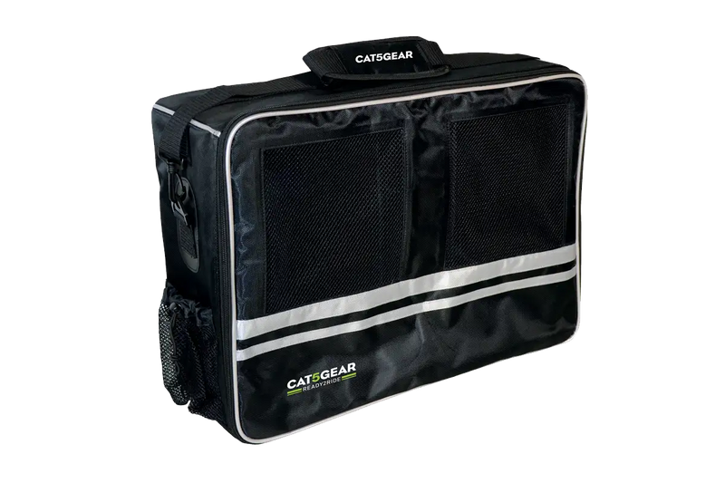 A Cat5Gear rugged transport bag with a black exterior, featuring two front mesh windows and a top handle, shown on a plain white background.