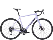 Light purple (lavender) endurance road bicycle with black components on a white background