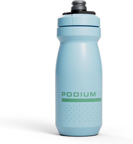 Light blue water bottle with 'Podium' branding on a white background