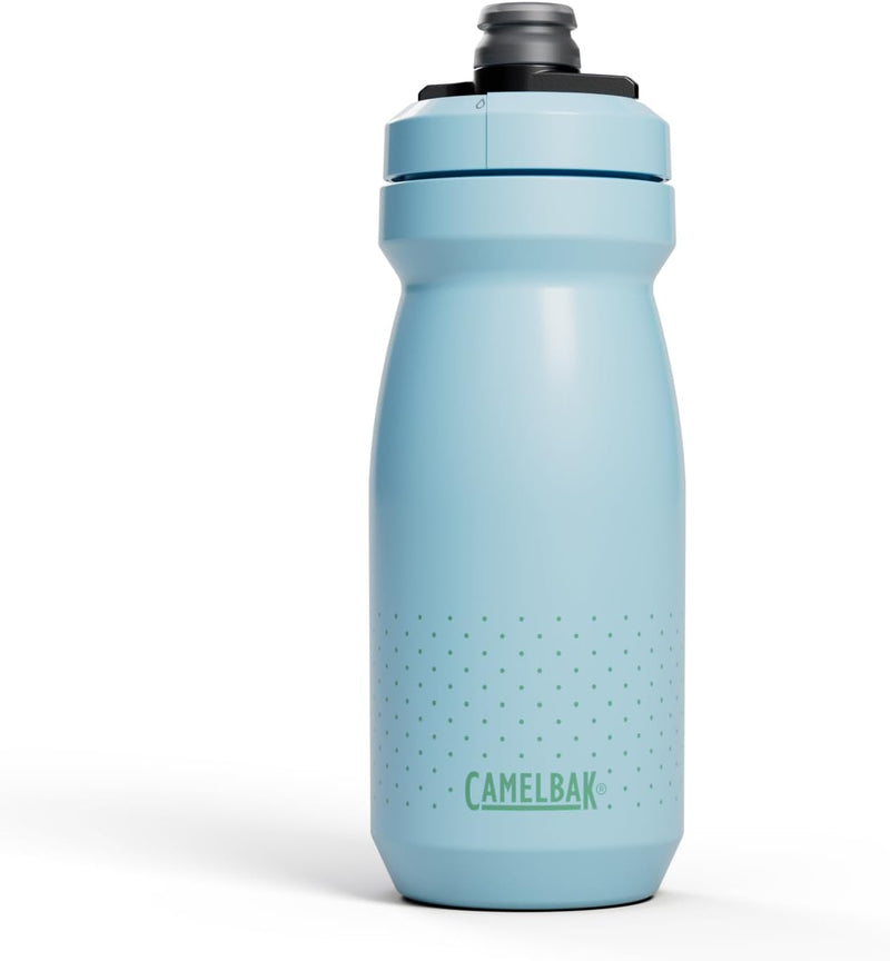 Light blue water bottle with black cap on a white background