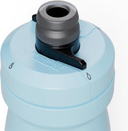 Light blue water bottle with gray cap on a white background