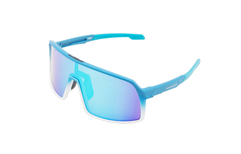 Blue x Blue sunglasses, 3/4 view facing right with blue and white frames, medium blue stems with light blue ends and medium blue to light blue gradient lenses on a white background