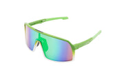 White x Green sunglasses, 3/4 view facing right with green and white frames, green stems with lighter green ends and mauve, blue and green gradient lenses on a white background