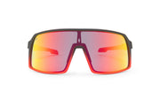 Carbon Black x Ruby sunglasses, front view with red frames, black stems with red ends and gradient lenses on a white background