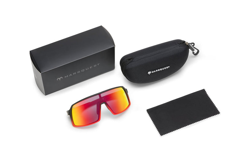 Carbon Black x Ruby sunglasses with included black storage box, protective zippered case and black microfiber cloth on a white background