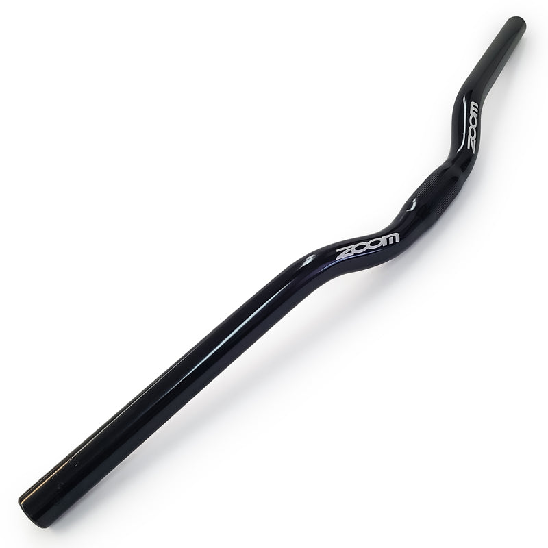 A black curved bicycle handlebar with white 'ZOOM' branding, shown diagonally on a clean white background.