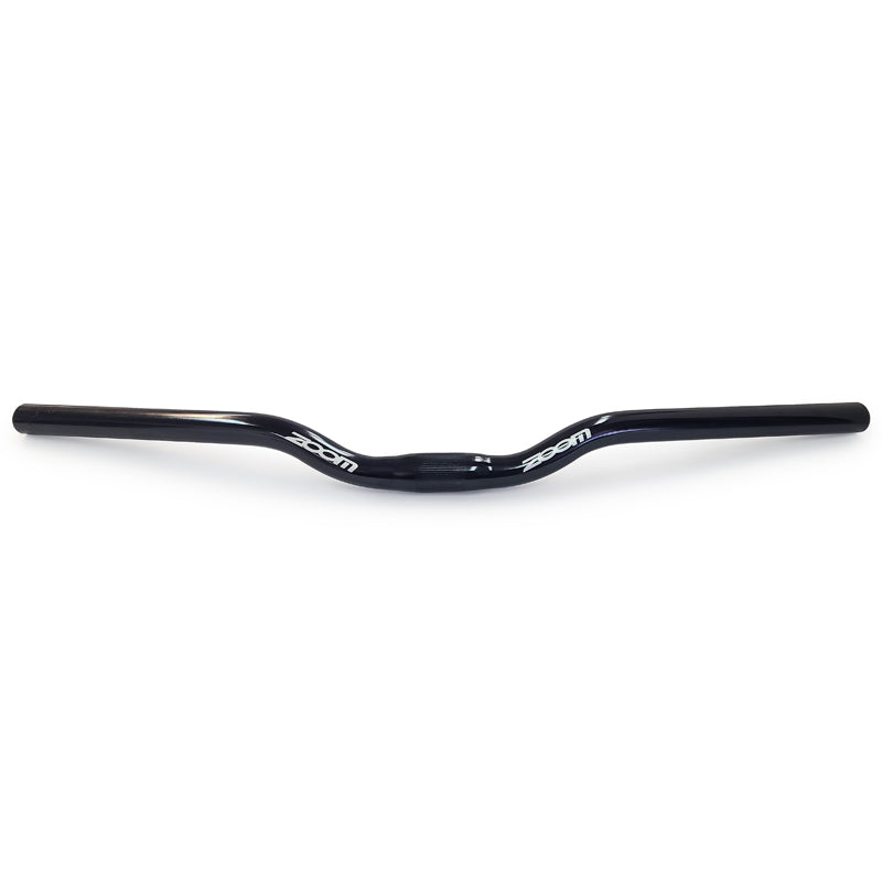 A black bicycle handlebar with white 'zoom' branding, shown horizontally against a plain white background.