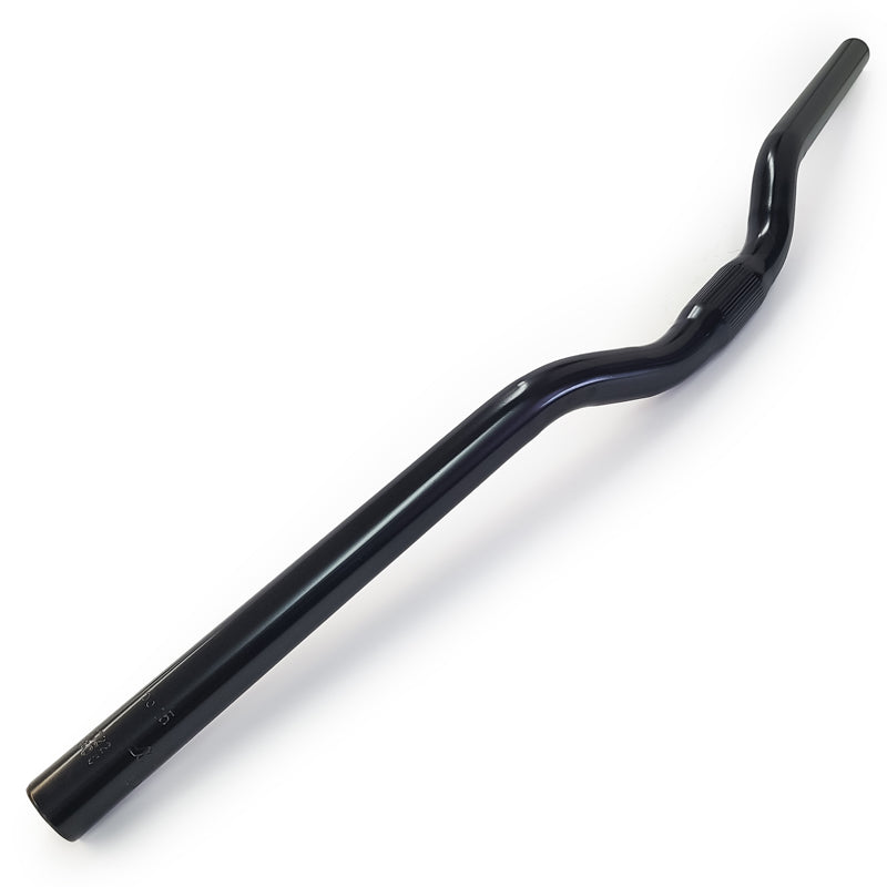 A black curved metal handlebar, likely for a bicycle or motorcycle, shown diagonally on a clean white background.