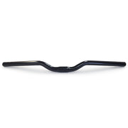 A curved black metal bicycle handlebar shown horizontally against a plain white background.