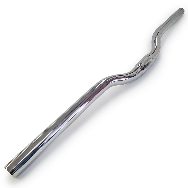 Product image of bicycle handlebar on diagonal angle, in anodized silver, steel construction, against a white background.  