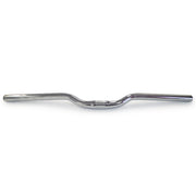 A curved chrome metal handlebar, likely for a motorcycle or bicycle, shown horizontally against a plain white background.