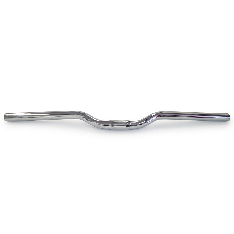A curved chrome metal handlebar, likely for a motorcycle or bicycle, shown horizontally against a plain white background.