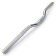 A silver aluminum bicycle handlebar with black 'zoom' branding printed on both ends, shown diagonally on a clean white background.