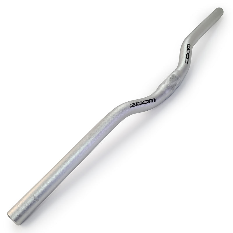 A silver aluminum bicycle handlebar with black 'zoom' branding printed on both ends, shown diagonally on a clean white background.