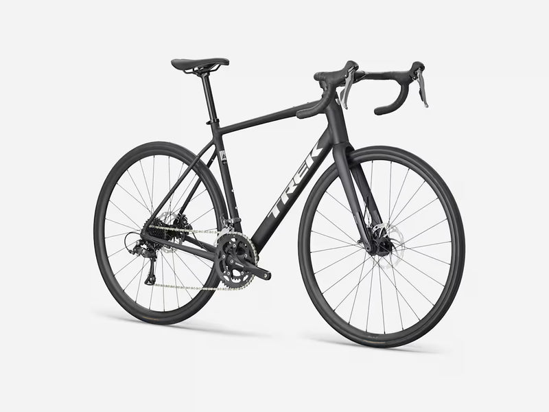 Black Trek endurance road bicycle on a white background