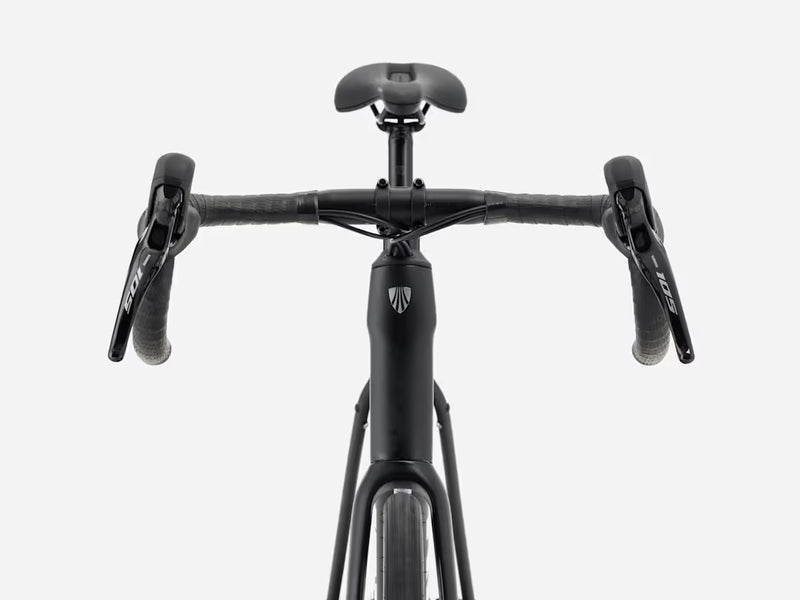 Black bicycle handlebar and front section on a white background