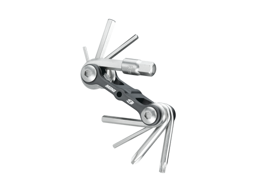 Multitool with various components on a white background