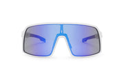 Silver x Navy Blue sunglasses, front view with white frames, white stems with medium blue ends and medium blue lenses on a white background