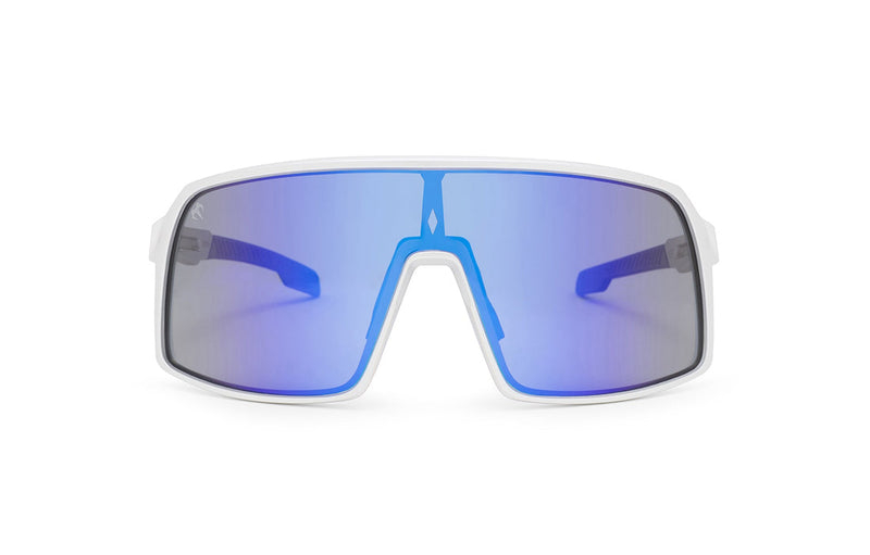 Silver x Navy Blue sunglasses, front view with white frames, white stems with medium blue ends and medium blue lenses on a white background
