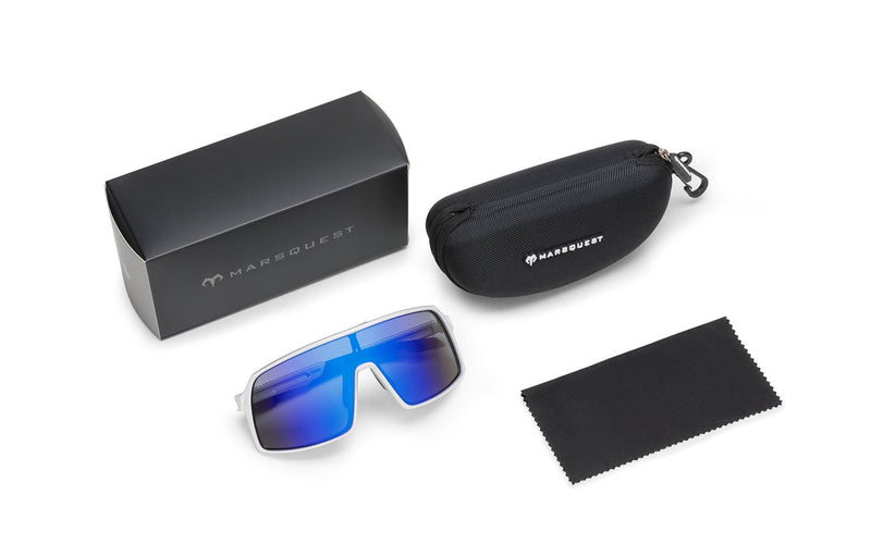 Silver x Navy Blue sunglasses with included black storage box, protective zippered case and black microfiber cloth on a white background