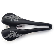 Product image of the Selle SMP Nymber Saddle in black leather with stitched SMP logo and central ergonomic cutout, horizontal view.
