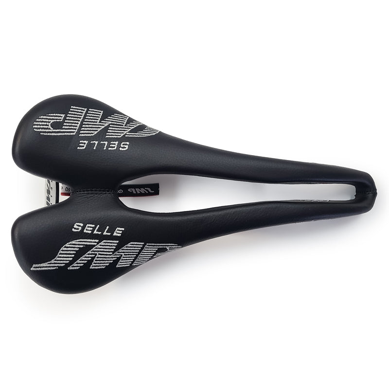 Product image of the Selle SMP Nymber Saddle in black leather with stitched SMP logo and central ergonomic cutout, horizontal view.