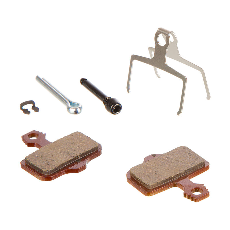 Brake pad set with tools on a white background
