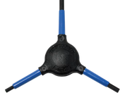 Black and blue three-way hex key tool on a white background