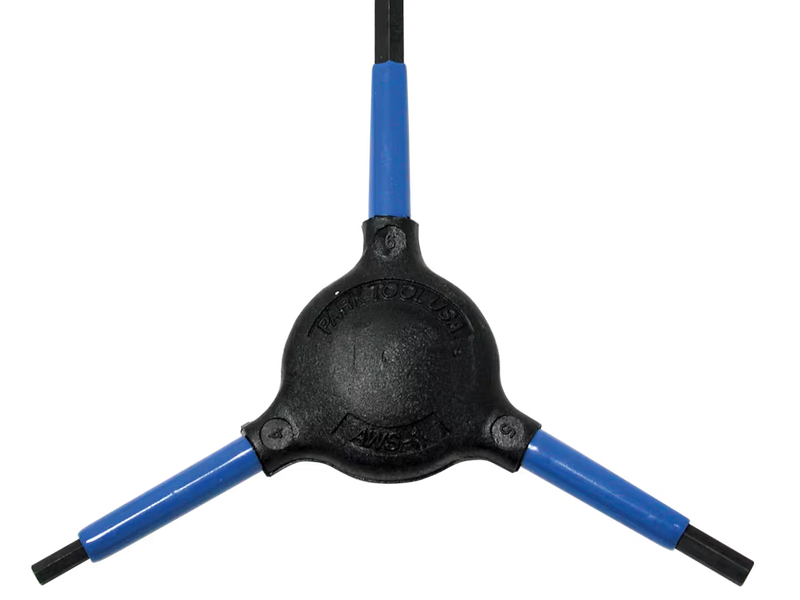 Black and blue three-way hex key tool on a white background