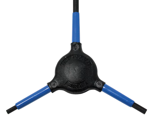 Black and blue three-way hex key tool on a white background