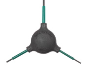 Black three-way tool head with green extensions on a white background