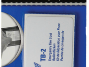 A blue emergency tire boot package showing a white insert card labeled 'TB-2 Emergency Tire Boot' with a small inset photo of a gloved hand inserting the boot.