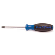 Product image of the Park Tool SD‑2 Phillips screwdriver with a black handle featuring the Park Tool logo, a bent blue grip section near the handle for hand support, and a steel Phillips #2 tip.