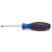 Product image of the Park Tool SD‑0 Phillips screwdriver with a black handle featuring the Park Tool logo, a bent blue grip section near the handle for hand support, and a steel Phillips #0 tip.