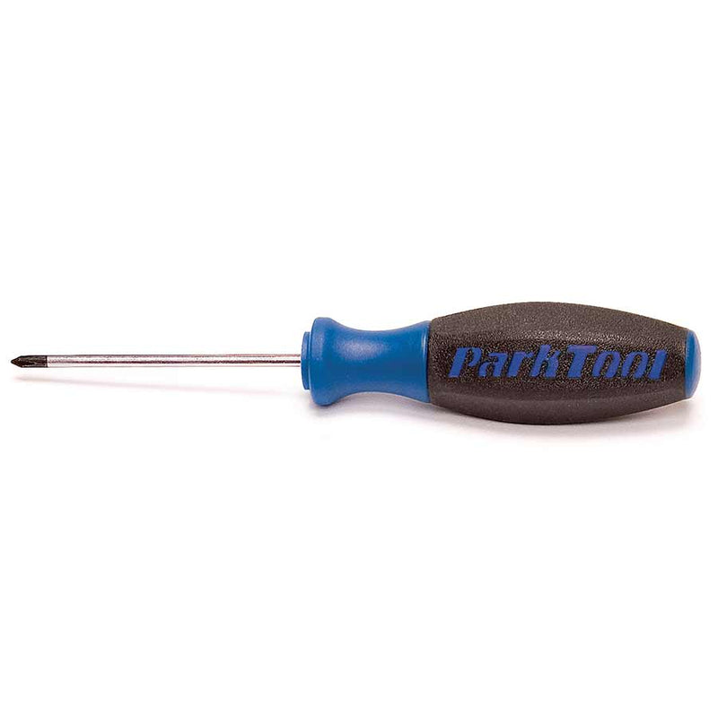 Product image of the Park Tool SD‑0 Phillips screwdriver with a black handle featuring the Park Tool logo, a bent blue grip section near the handle for hand support, and a steel Phillips #0 tip.