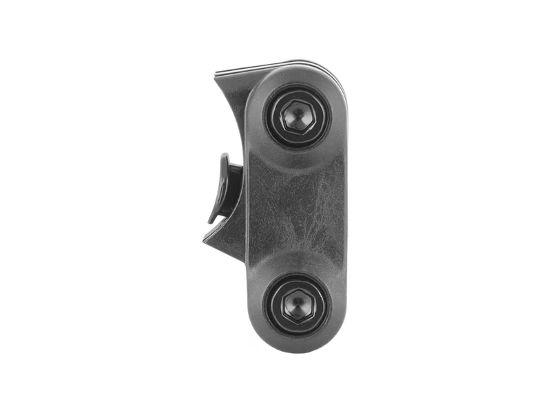 A dark gray metal mounting bracket with two visible screws, isolated on a plain white background.